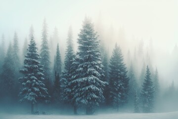 Pine forest landscape wallpaper in foggy winter covered with snow. Snow pine tree in beautiful nature landscape.Christmas and New Year greeting card background. generative ai