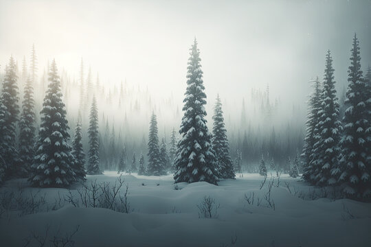 Pine forest landscape wallpaper in foggy winter covered with snow. Snow pine tree in beautiful nature landscape.Christmas and New Year greeting card background. generative ai