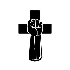 Fist and cross. Clenched fist and christian cross. Concept of strong christianity. Vector illustration. Church logo