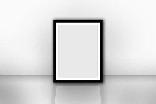 One blank rectangle photo frame on a wall using 3D style in black & white color. Used as a printable photo collage template or a mock up for album pictures collection with a copy space.