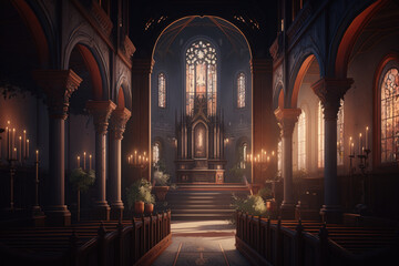 Obraz premium christian church interior with altar and light entering on windows. generative ai