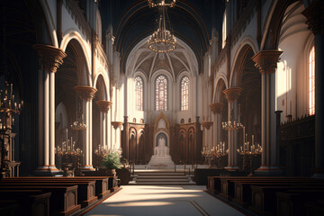 Fototapeta christian church interior with altar and light entering on windows. generative ai obraz