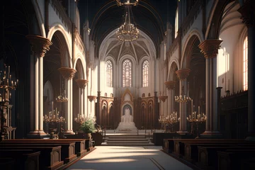Foto op Canvas christian church interior with altar and light entering on windows. generative ai © ArgitopIA
