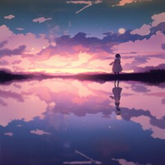 Art picture of a nostalgic purple sky and reflection, little girl, ai generated