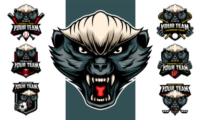 Honey badger head Mascot Logo with logo set for team football, basketball, lacrosse, baseball, hockey , soccer .suitable for the sports team mascot logo .vector illustration.