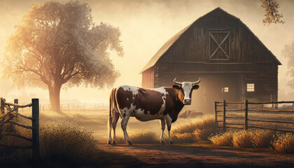 brown cow and farm. generative ai - obrazy, fototapety, plakaty