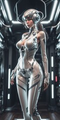 Fototapeta na wymiar Beautiful asian girl in white hypertech bodysuit, sci fi starship interior background, ai generated.