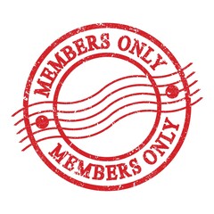 MEMBERS ONLY, text written on red postal stamp.