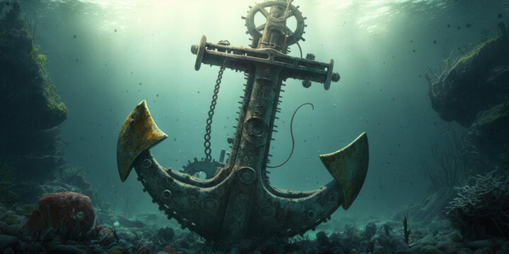 old iron anchor underwater on bottom of the sea. generative ai