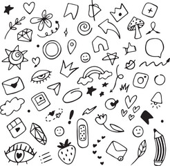 Doodle illustrations set. instagram. Doodles, stars, sparkles, hearts, decorations, frames, speech bubbles, arrows, check boxes, spiral, egg, light bulb. Vector illustration