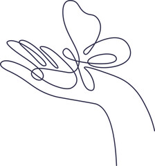 Butterfly on hand in line art Contemporary insect abstract drawing