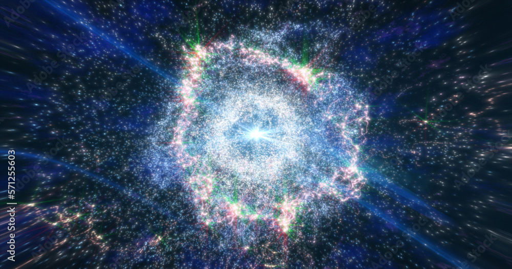 Poster abstract space galaxy with stars and planets spinning from particles and dots glowing bright futuris