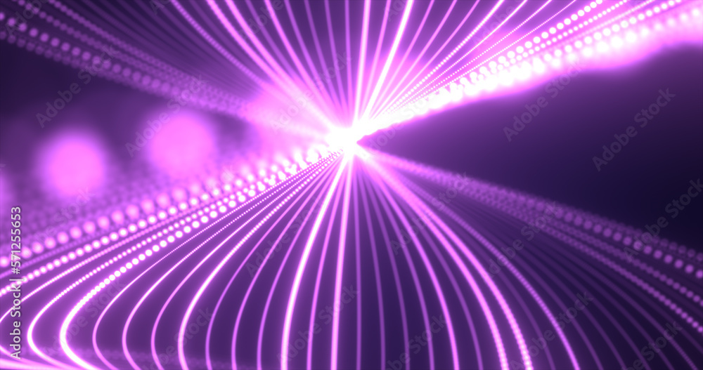 Poster abstract purple waves from lines and dots particles of glowing swirling futuristic hi-tech with a bl