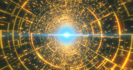 Abstract yellow glowing neon laser tunnel futuristic hi-tech with energy lines, abstract background