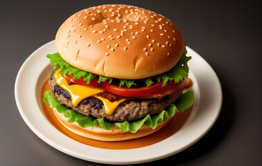 Fresh tasty Big Burger on a plate in the restaurant. Photo of Fat Fast food dinner close up. Generative AI.