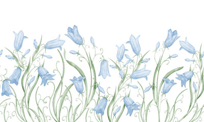 Seamless Floral Border of blue Bell Flowers. Watercolor hand drawn botanical Frame with wild Bluebells on isolated background. Pattern with Bellflowers in vintage style for wedding invitations.