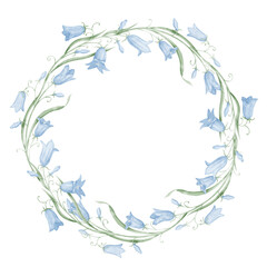 Fototapeta na wymiar Floral Wreath of Bell Flowers. Hand drawn watercolor round Frame with Bluebells on isolated background. Botanical circular backdrop with wild bellflowers in pastel colors for wedding invitations.