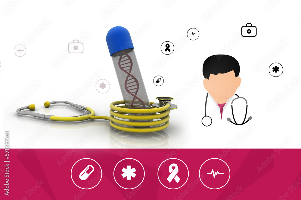 Poster 3d render of dna structure with stethoscope