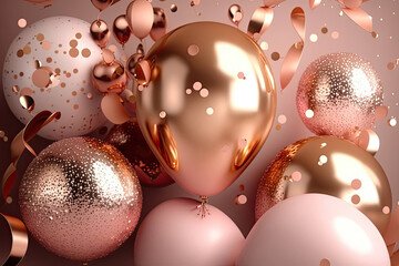 Fototapeta na wymiar Background of festive apricot-pink balloons, golden confetti and ribbons. Photorealistic drawing generated by AI.