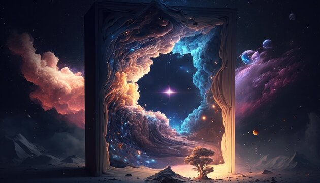 Open book with galaxy milky way stars other dimension cloud space Made with Generative AI