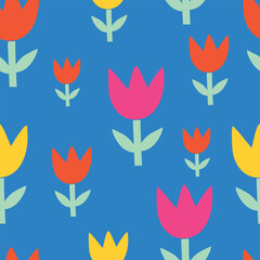 Seamless pattern with spring flowers, doodle style tulips on blue background, vector.