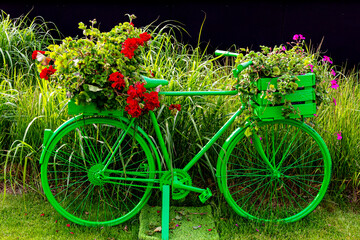 Fototapeta na wymiar green bicycle decorated with flowers in a basket