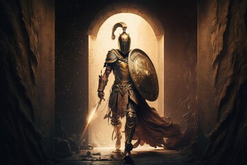 Achilles in a beautiful golden armor fighting under . AI generated art illustration.  - obrazy, fototapety, plakaty