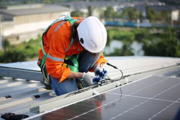 maintenance engineer, Solar energy systems engineer perform analysis solar panels, Engineer service check installation solar cell on the roof of factory. 