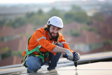 Technology solar cell, Engineer service check installation solar cell on the roof of factory. technician checks the maintenance of the solar panels