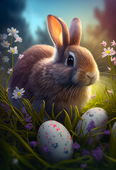 Adorable Brown Bunny With Easter Eggs In Flowery Meadow