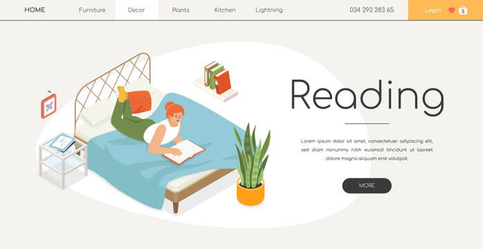 Reading on the bed - modern colored isometric web banner