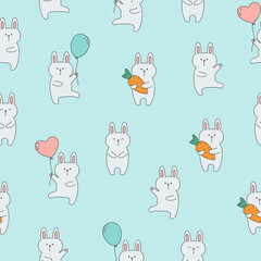 Seamless pattern with cute bunnies with balloons and carrots on blue background. Template for baby design.