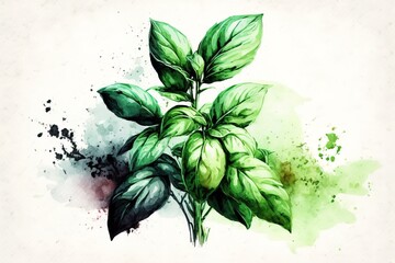 Basil leaf in watercolor painting with clean background graphic design banner