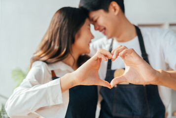 Young Asian couple doing holiday together in the kitchen happily wearing apron. love and valentine concept