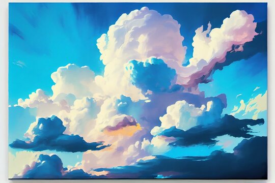 A painting of a sky with clouds and a sky background with a white and blue sky and clouds and a blue sky and a white and pink cloud with a light blue sky and white background. Generative AI
