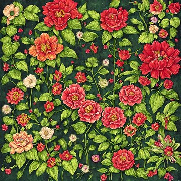 Stylized illustration of red and white roses in green leaves ai Generated, generative AI, CGI graphics