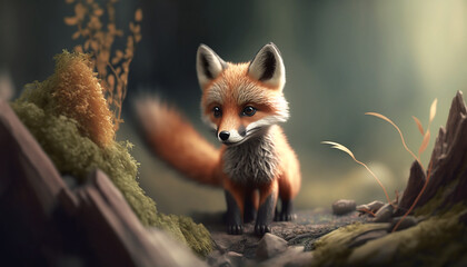 An cute little fox in forest alone Ai generative image
