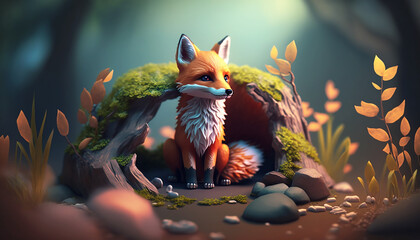 An cute little fox in forest alone Ai generative image