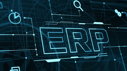 ERP software, enterprise resource planning, business and technology concept, charts data and reports, futuristic graphic interface, corporate company management (3d render)