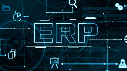 enterprise resource planning, ERP software, corporate company management business and technology concept, charts data and reports, futuristic graphic interface (3d render)