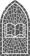 Church glass window. Stained mosaic catholic frame with book