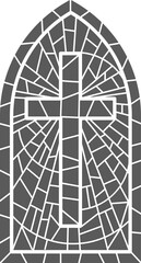 Church glass window. Stained mosaic catholic frame with cross
