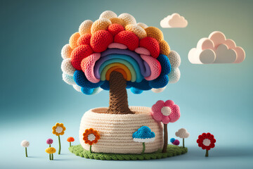 Obraz na płótnie Canvas the art of knitting colorful landscapes with elements of trees, houses, rainbows, clouds, balloons for children's education
