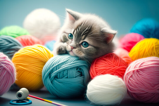 A kitten playing with a ball of wool, surrounded by balls of colored wool and knitting needles - Generative AI