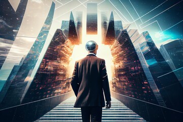 Obraz premium Businessman walking on virtual reality platform to futuristic smart city of opportunity with internet cyber network connection on high building. Sublime image. Generative AI