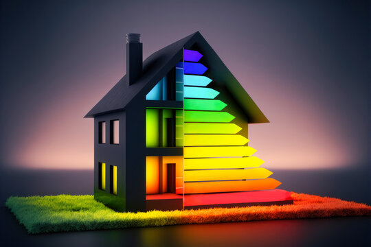 Isolated house with energy certification color scale illuminated with neon light. Energy efficiency, ecology, sustainability, saving and resources conservation concepts. Generative AI.