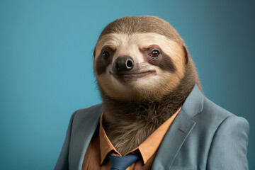 Studio photo portrait of a sloth in business clothes, concept of Humor and Professionalism, created with Generative AI technology