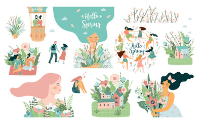 Set of cute illustrations with people and spring nature. Spring, bloom, love, relationship. Vector