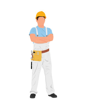 Contractor, Construction Worker, Handyman In Overall And Tool Belt Holding Drill, Repair Craftsman Illustration