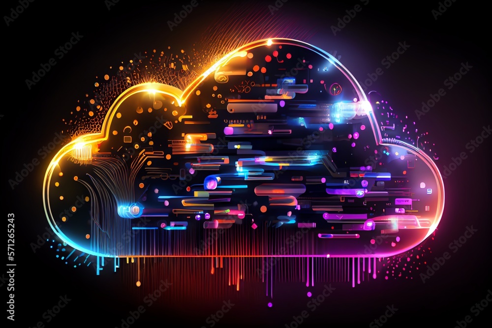 Poster glowing cloud icon technology concept, exploded panel with cloud services and data protection, artif